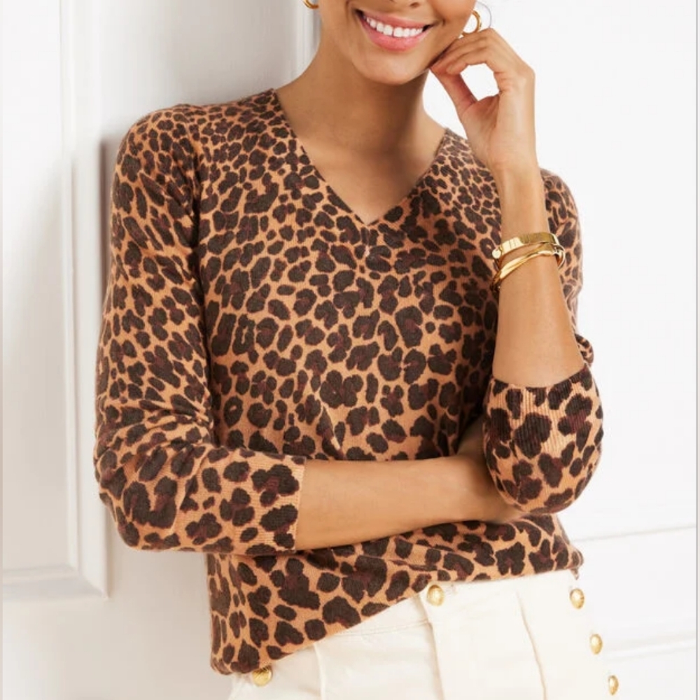 Talbots Cashmere Leopard V-Neck Sweater